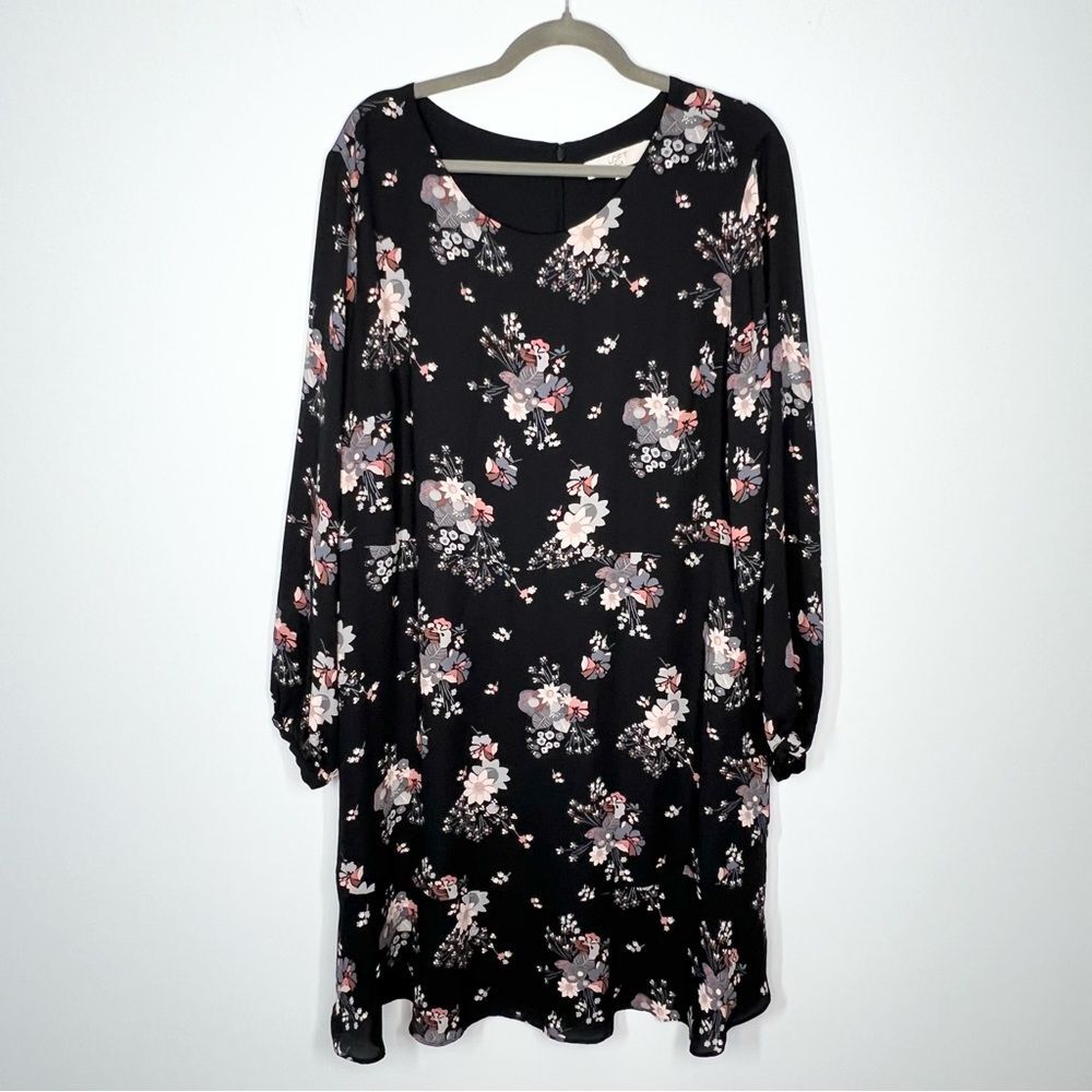 Ann Taylor Loft Plus Black Wildflower Floral Flounce Long Sleeve Dress 20